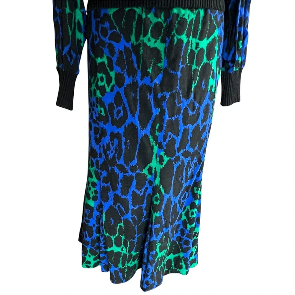 VTG 80s Glam Leopard Print 2 Piece Set Electric Blue Skirt Top Blouse Midi Funky